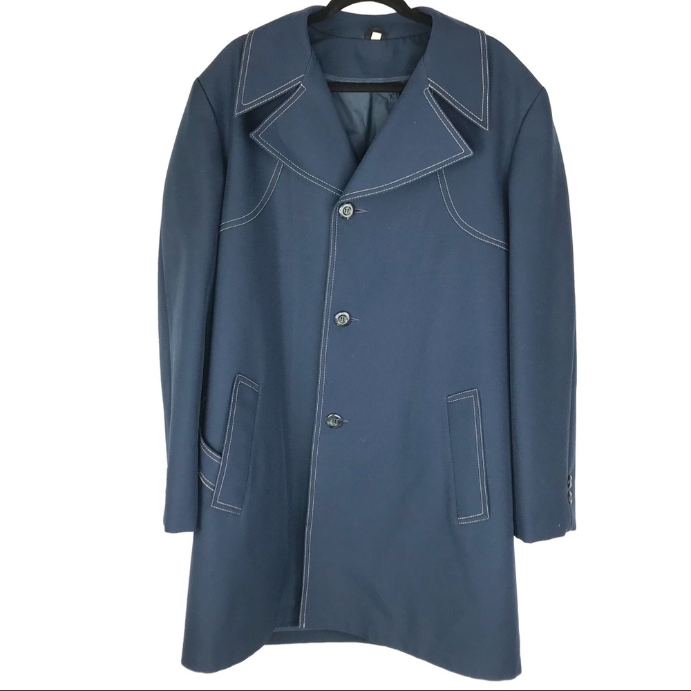 Vintage 60s/70s Men’s Blue Long Belted Coat, 42L